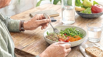Manos de una persona con tenedor junto a un plato de quinoa y verduras sobre una mesa de madera con un vaso de agua y pan.