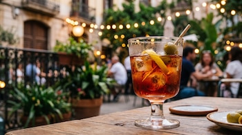 Copa con vermut, hielo, corteza de limón y aceituna en un palillo sobre una mesa de madera, con una terraza iluminada al fondo.