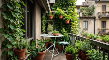 Una mesa circular y una silla de metal rodeadas por macetas con plantas en un balcón con vista a otros edificios.