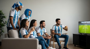 Cinco personas con camisetas de Argentina observan un partido de fútbol en un televisor dentro de una casa. Dos mujeres, tres hombres, sillón, silla, vasos.