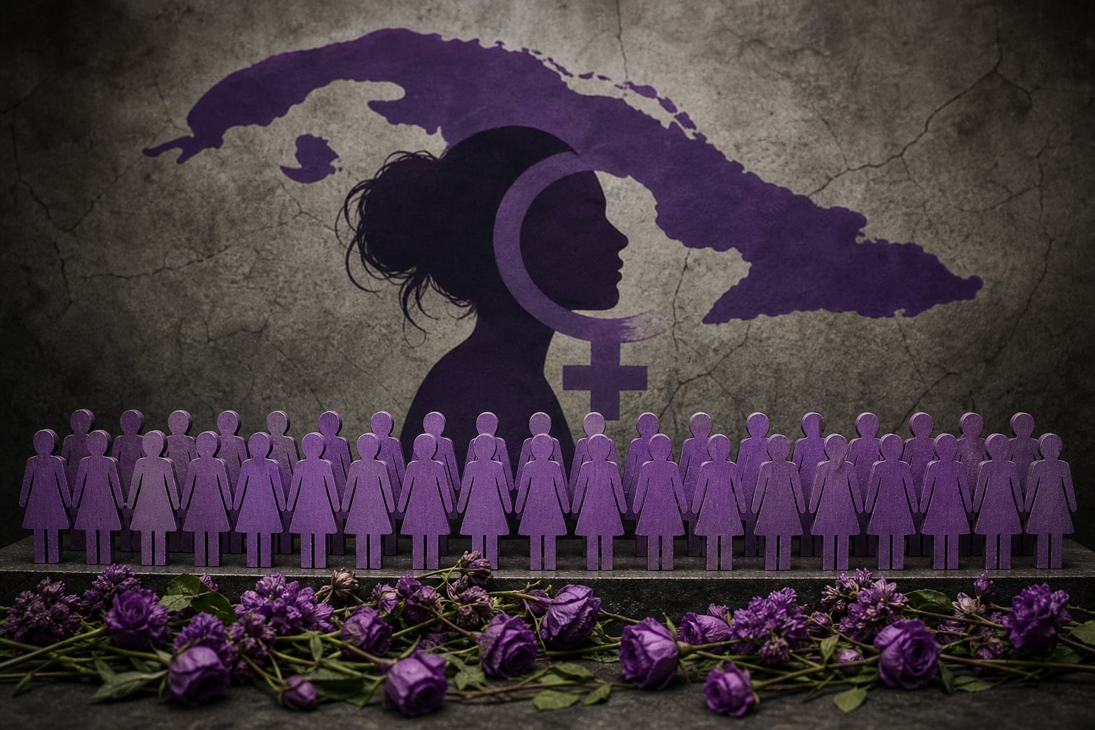 Una representación gráfica con el mapa de Cuba y figuras de mujeres ilustra las 50 víctimas de feminicidio verificadas en la isla durante el año 2026. (Imagen Ilustrativa Infobae)