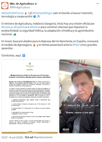 La gira de Agricultura apunta a tecnificar a 2,5 millones de pequeños productores colombianos - crédito @MinAgricultura/X