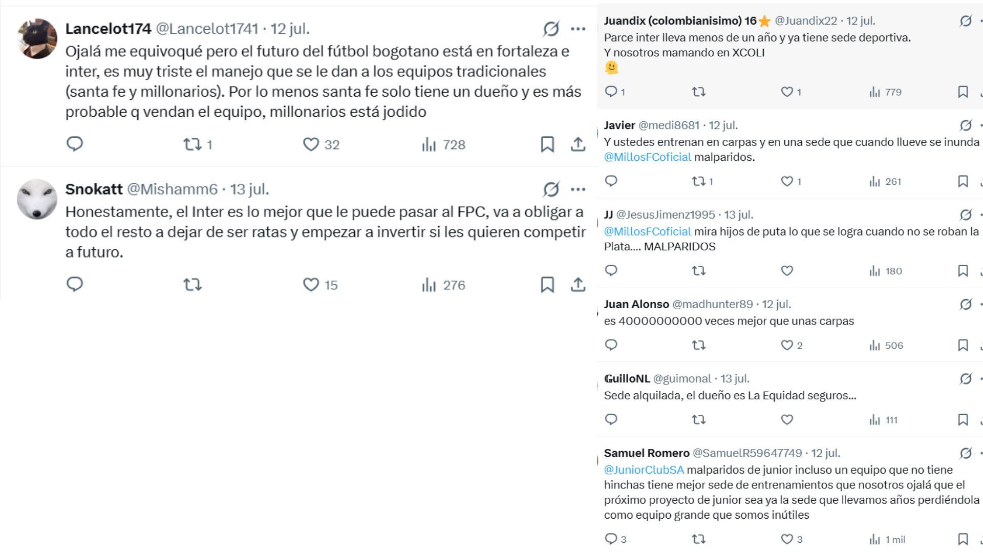 Estos fueron los comentarios que puso la gente en X sobre la polémica de cuál equipo en Bogotá tiene mejor sede de entrenamiento - crédito X