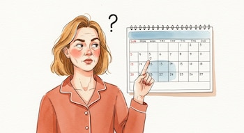 Ilustración acuarela de una mujer rubia en pijama señalando un calendario con el dedo índice, un signo de interrogación flota sobre su cabeza.