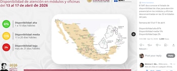 Captura de pantalla de un tuit con un mapa de México mostrando la disponibilidad de citas del SAT y un medidor que indica 87% alta, 11% media y 2% baja disponibilidad