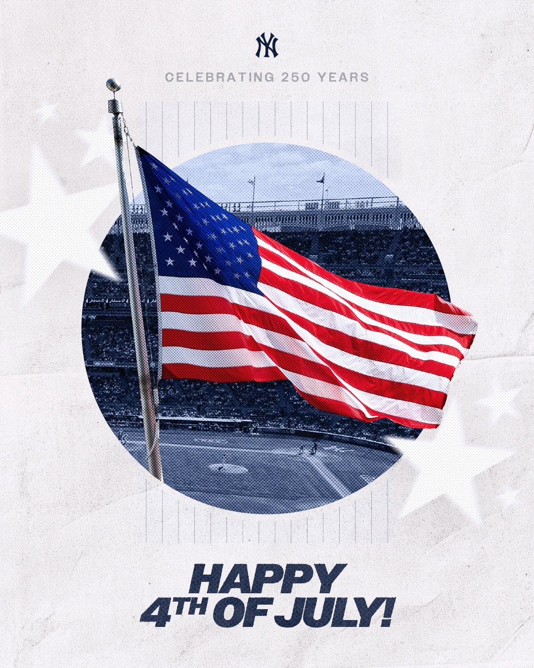 Los New York Yankees compartieron una imagen con la bandera de Estados Unidos para felicitar a sus aficionados por el Día de la Independencia y sumarse a la celebración del 250.º aniversario del país. (X/@Yankees)