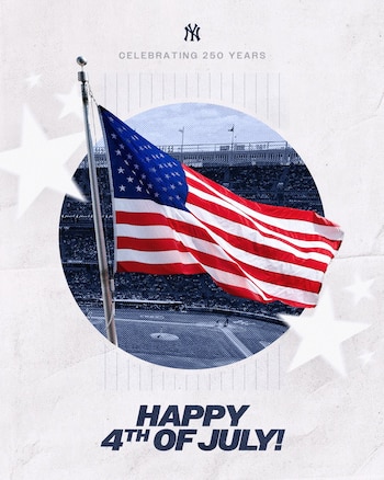 Los New York Yankees compartieron una imagen con la bandera de Estados Unidos para felicitar a sus aficionados por el Día de la Independencia y sumarse a la celebración del 250.º aniversario del país. (X/@Yankees)
