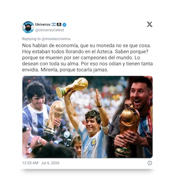 Captura de pantalla de un tuit con texto y una imagen compuesta de Daniel Passarella, Diego Maradona y Lionel Messi levantando la Copa Mundial de la FIFA