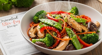 Un plato blanco con salteado de pollo, brócoli, pimientos rojos, zanahorias, guisantes, champiñones, cebolla verde y semillas de sésamo; al lado, una receta.