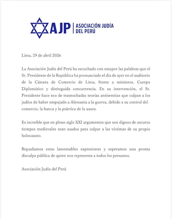 Documento oficial de la Asociación Judía del Perú, con su logo azul y texto en español, demandando una disculpa al presidente por comentarios