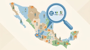 Mapa estilizado de México con íconos de casas rurales y personas, puntos de atención por entidad y una lupa que amplifica los logos de INDEP, FND y SADER.