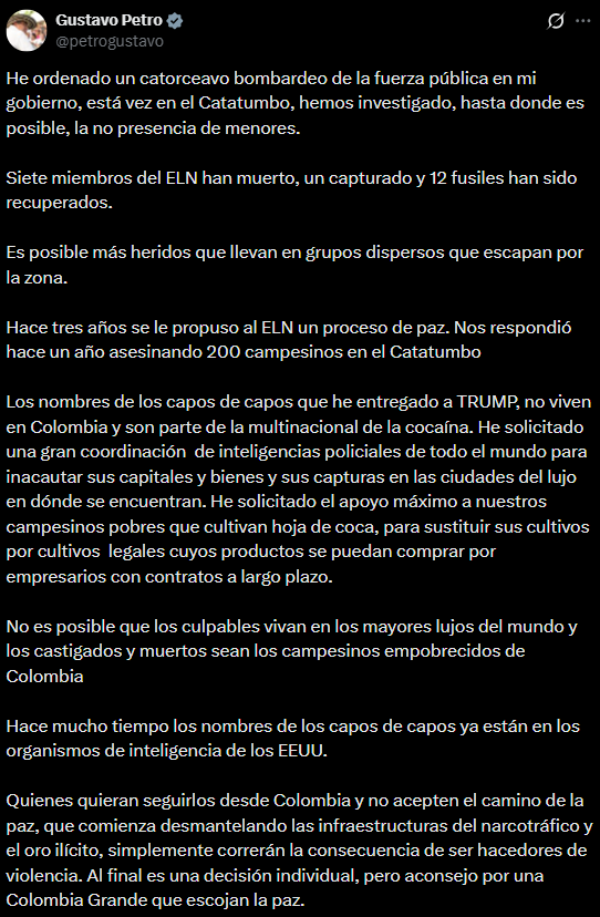El presidente Petro explicó los alcances del bombardeo en el Catatumbo y reiteró su llamado a apoyar a los campesinos en la transición a cultivos legales. - crédito @petrogustavo/X