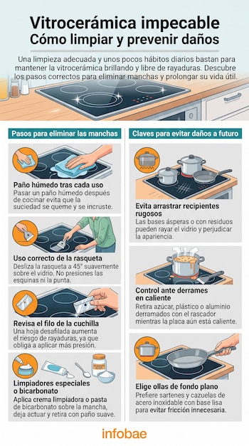 Infografía con ilustraciones que muestran cómo limpiar una vitrocerámica usando paños, rasquetas y productos de limpieza.