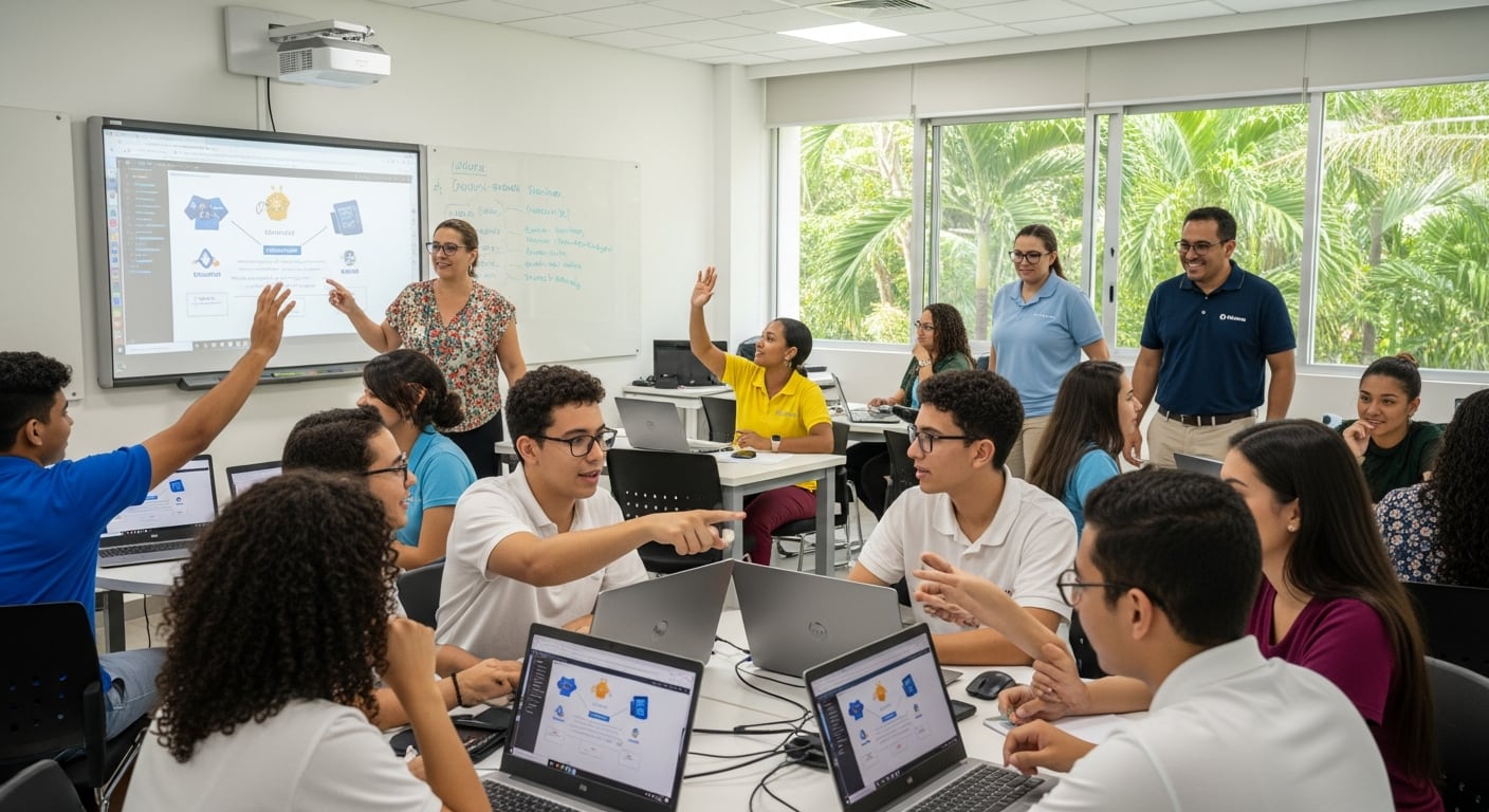 Un grupo de estudiantes y docentes dominicanos participa en una capacitación sobre inteligencia artificial e innovación en un aula equipada con tecnología y laptops. (Imagen Ilustrativa Infobae)