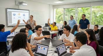 Un aula con una docente señalando una pizarra interactiva, dieciséis estudiantes sentados frente a laptops, algunos con la mano levantada.