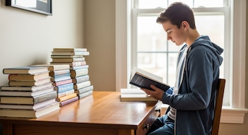 Un joven adolescente lee un libro mientras está sentado en un escritorio de madera en casa, junto a una ventana con luz natural y una gran pila de libros apilados.