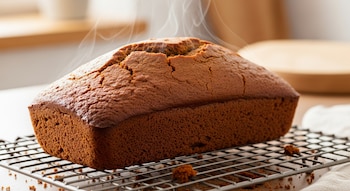 Un pan de jengibre rectangular, de color marrón oscuro y recién horneado, emite vapor mientras se enfría sobre una rejilla metálica.