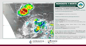Mapa satelital de México con formaciones de nubes de colores, texto de pronóstico de lluvias y vientos, logos de CONAGUA y SMN, icono de lluvia y rayos