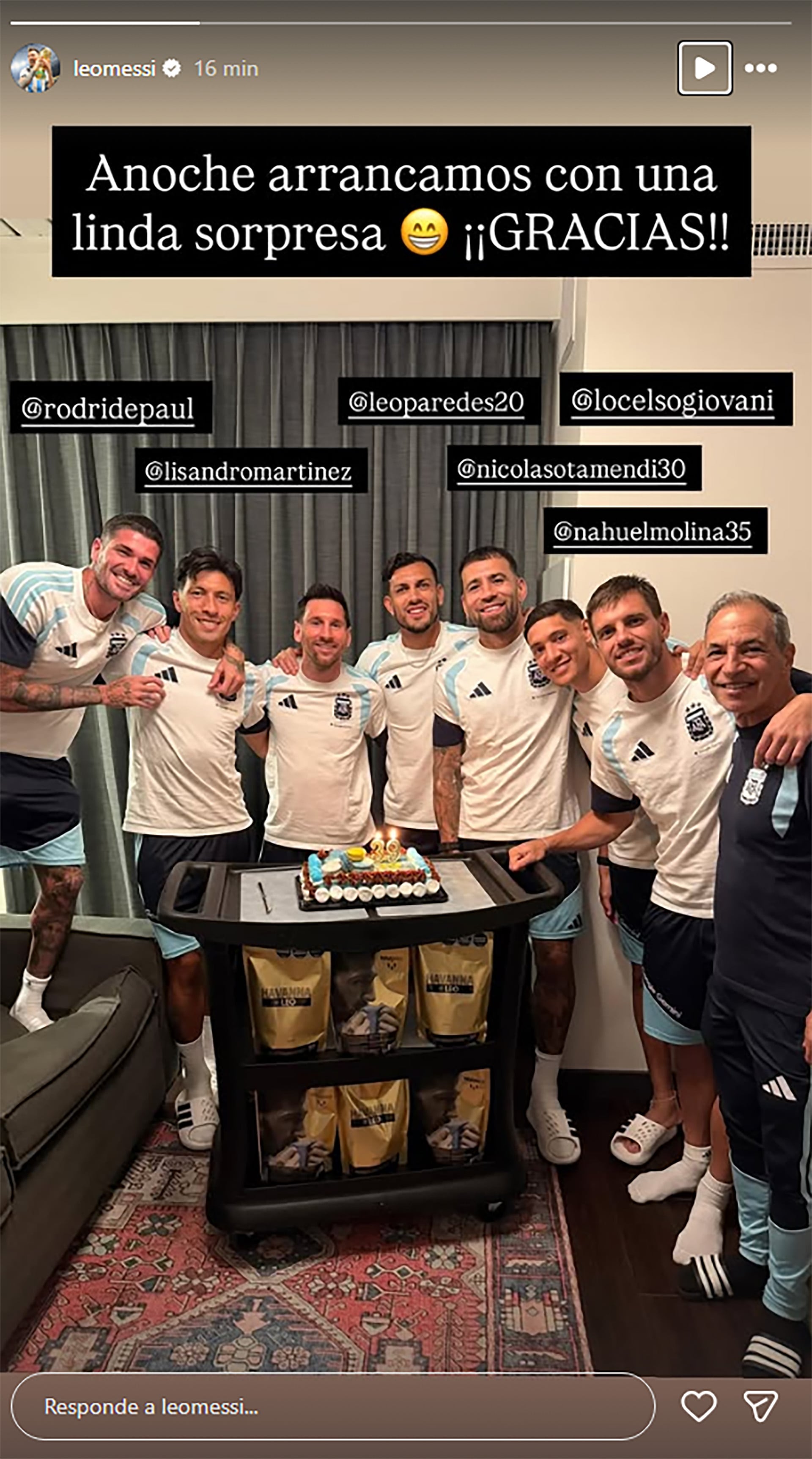 El posteo de Lionel Messi con sus compañeros de la Selección en medio de los festejos de su cumpleaños 39 (Instagram)