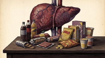 Dibujo editorial de alimentos ultraprocesados como refrescos, galletas, salchichas y papas fritas sobre una mesa de madera, con un hígado humano desenfocado detrás.