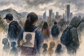 Ilustración en acuarela de jóvenes de espaldas con mochilas frente a cerros y edificios, mientras una mano sostiene un cartel con una silueta.