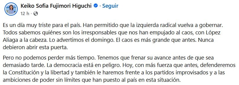 Keiko Fujimori, líder de Fuerza Popular, reacciona lamentando el regreso de la izquierda radical al poder y alertando sobre el riesgo para la democracia en el país.