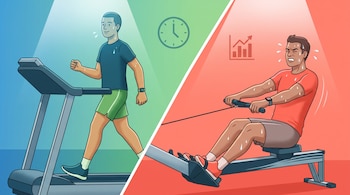 Ilustración de dos hombres entrenando: uno camina en cinta con sudor leve y el otro rema con sudor abundante y gesto de esfuerzo, divididos por una diagonal.