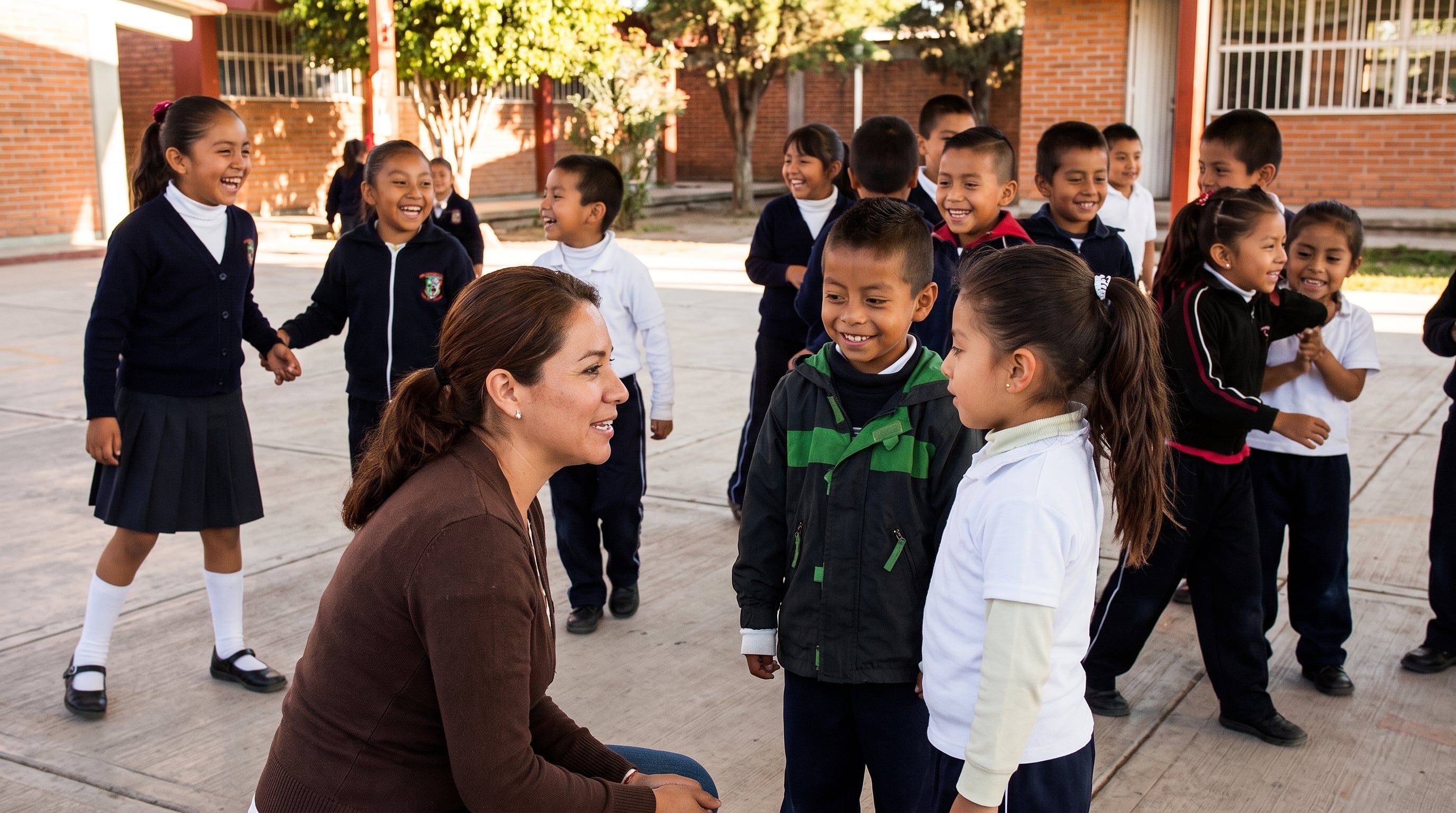 Una profesora conversa con estudiantes en el patio de una escuela primaria en México durante la jornada escolar. (Imagen Ilustrativa Infobae)