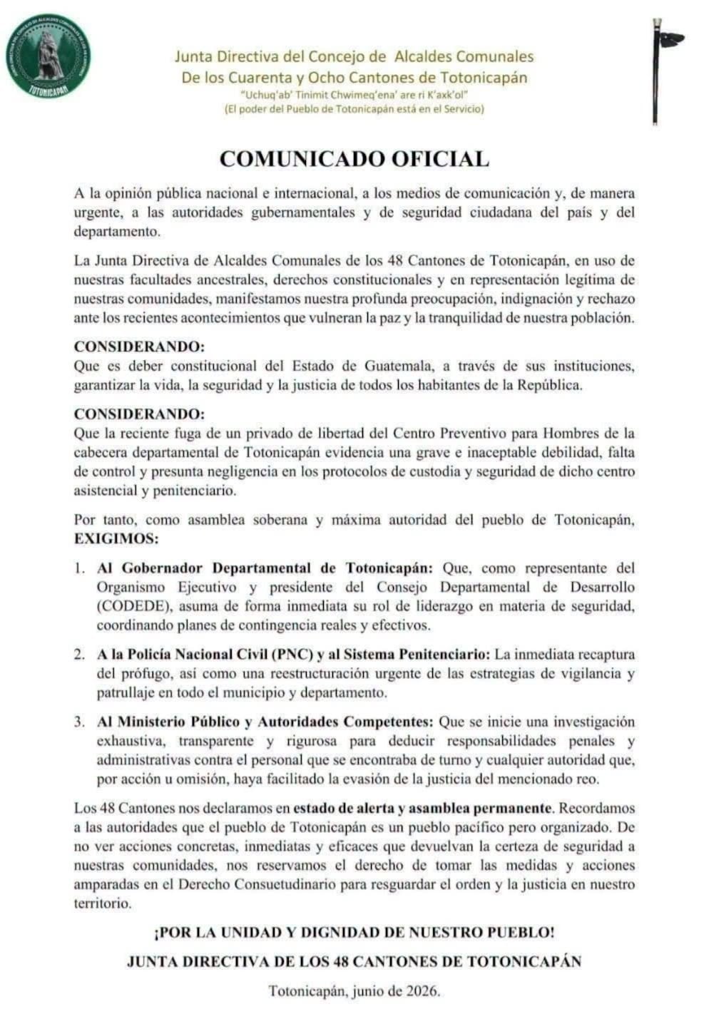 La Junta Directiva del Consejo de Alcaldes Comunales de los 48 Cantones de Totonicapán publica un comunicado oficial en junio de 2026 sobre la seguridad ciudadana y la fuga de un reo del centro preventivo local. (48 Cantones Oficial)