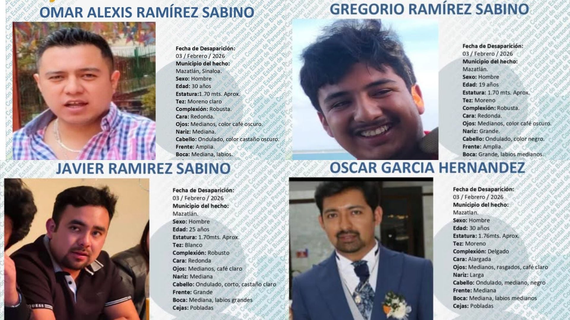 Cuatro turistas desaparecidos en Mazatlán, Sinaloa. (Comisión Estatal de Búsqueda)