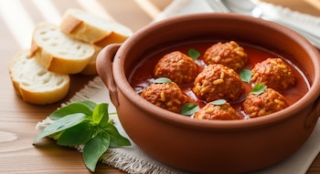 Albóndigas de zanahoria y arroz en salsa roja dentro de una cazuela de barro, con rebanadas de pan blanco y hojas de albahaca a un lado.