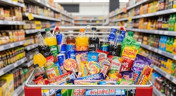 Carrito de compras repleto de dulces y bebidas azucaradas en botellas y latas, ubicado en un pasillo de supermercado con estantes borrosos.