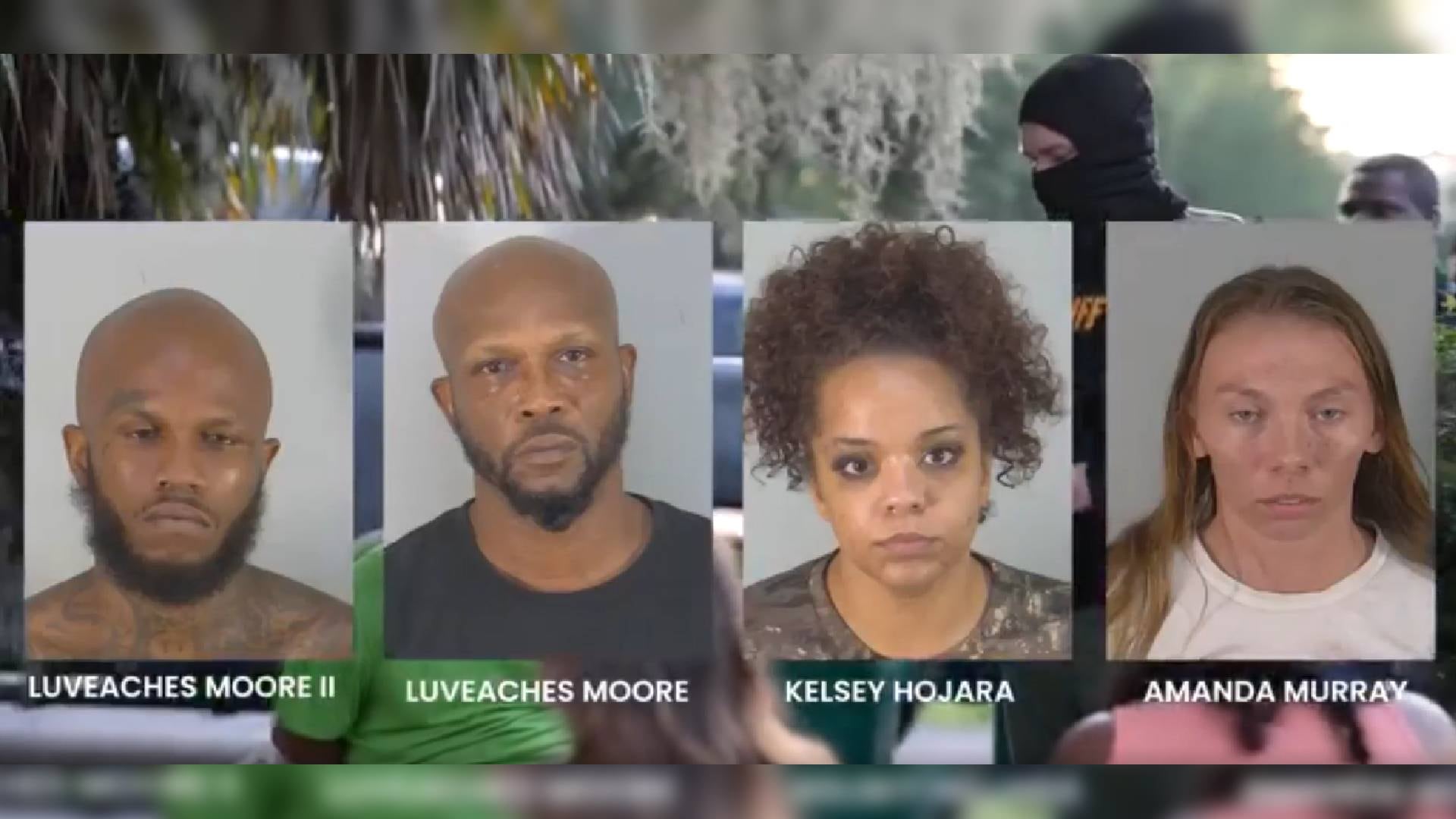 Los cuatro detenidos tras el operativo policial: Luveaches Moore II, Luveaches Moore, Kelsey Hojara y Amanda Murray (NBC6)