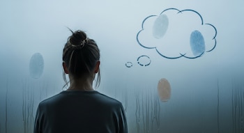 Vista trasera de una mujer con el cabello recogido mirando una ventana empañada con huellas dactilares y un gráfico de nube de pensamiento en azul.