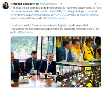 Armando Benedetti hizo parte de la octava reunión del Plan Democracia - crédito @AABenedetti/X