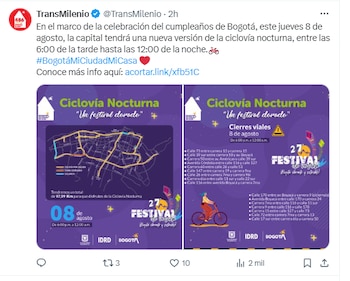 El sistema TransMilenio mantendrá su horario de día hábil y desviará rutas zonales durante la Ciclovía Nocturna - crédito TransMilenio
