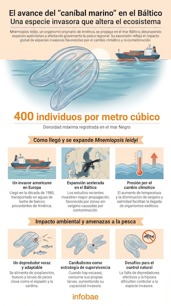 Infografía con título sobre el avance de Mnemiopsis leidyi, un organismo marino, un barco, un mapa del mar Báltico, un termómetro y diversas ilustraciones.