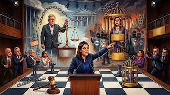 Ilustración de un tablero de ajedrez político. Una oradora en un podio, un hombre con una balanza, una mujer enjaulada y figuras con escudos PAN y PRI.
