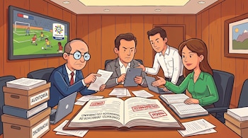 Cuatro personas analizan documentos sobre un escritorio con computadoras, cajas de archivo y un contrato abierto, junto a un televisor encendido.