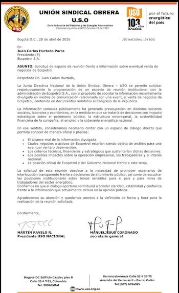 La USO solicitó una reunión para debatir el Plan de Enajenación del Gobierno, crucial para el país y el futuro de Ecopetrol - crédito USO