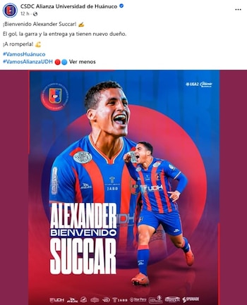 El anuncio del fichaje de Alexander Succar por Alianza Universidad de la Liga 2 2026. - captura: Facebook Alianza Universidad