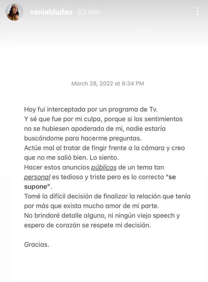 Vania Bludau comunica que terminó con Mario Irivarren. (Foto: Instagram)