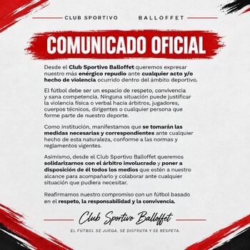El comunicado oficial del Club Sportivo Balloffet (@clubsportivoballoffetof)