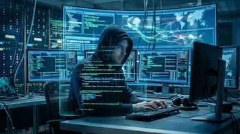 Hacker anónimo tecleando en sala oscura con múltiples pantallas azules y verdes mostrando código digital, mapas globales y gráficos de red. Rostro pixelado.