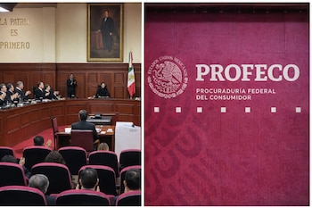 Pleno de la Suprema Corte de Justicia de la Nación, jueces, bandera de México. Logotipo de Profeco con escudo nacional y texto sobre fondo rojo.
