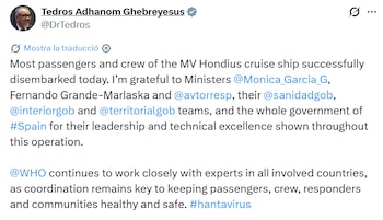 Mensaje en X (antigua Twitter) de Tedros Adhanom Ghebreyesus sobre la gestión del brote de hantavirus en el MV Hondius por parte del Gobierno español