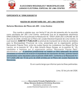 Documento oficial con el escudo de Perú y el logo del JNE. El texto informa sobre la razón de secretaría y la admisión de candidaturas