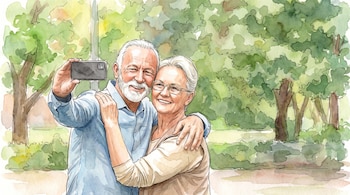 Ilustración en acuarela de un hombre de barba cana y una mujer con gafas abrazados, sosteniendo un teléfono móvil con árboles de fondo.