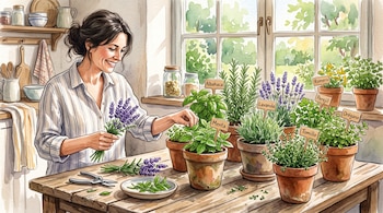 Ilustración de una mujer sonriente junto a varias macetas con plantas aromáticas etiquetadas y tijeras de podar sobre una mesa de madera.