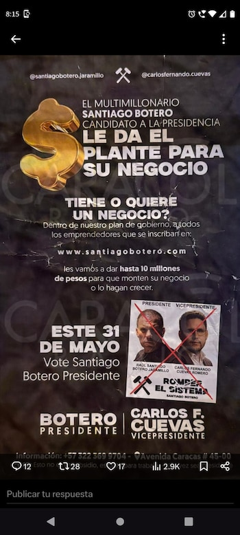 La noche del 16 de abril, el candidato presidencial, Santiago Botero, empresario conocido como el “hombre del balín”, sorprendió a los asistentes al inaugurar su sede de campaña en la avenida Caracas con Calle 45, en Bogotá, con un acto inusual: una rifa de $25 millones repartidos entre cinco participantes - crédito Santiago Botero